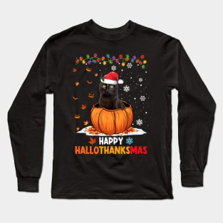 Black Cat On Pumpkin Happy Hallothanksmas Long Sleeve T-Shirt